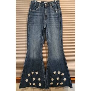 Forever 21 Premium Daisy Embroidered High Rise Flare Jeans Blue 29 NWT